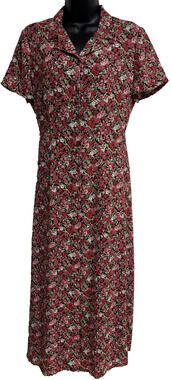 Emma James Women Size 10 Floral Midi Dress Short Sleeve Button Collar Red Pink